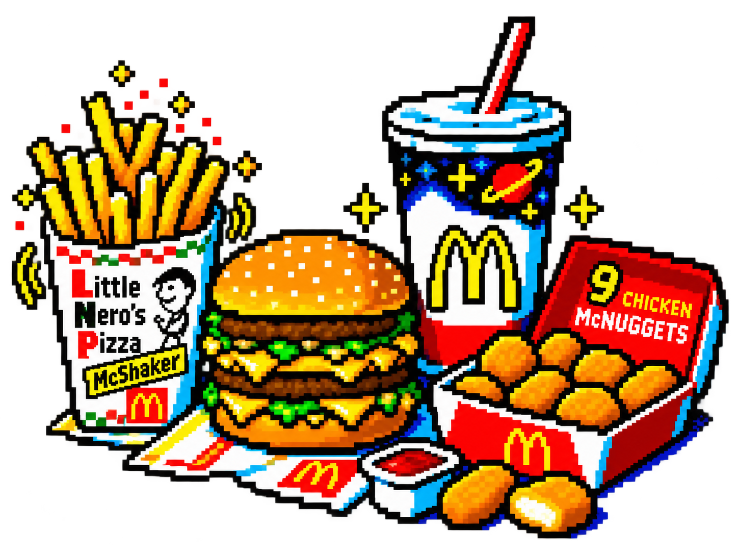 Teletext stilinde Big Mac, McNuggets, içecek ve Little Nero's Pizza McShaker patates görselleri