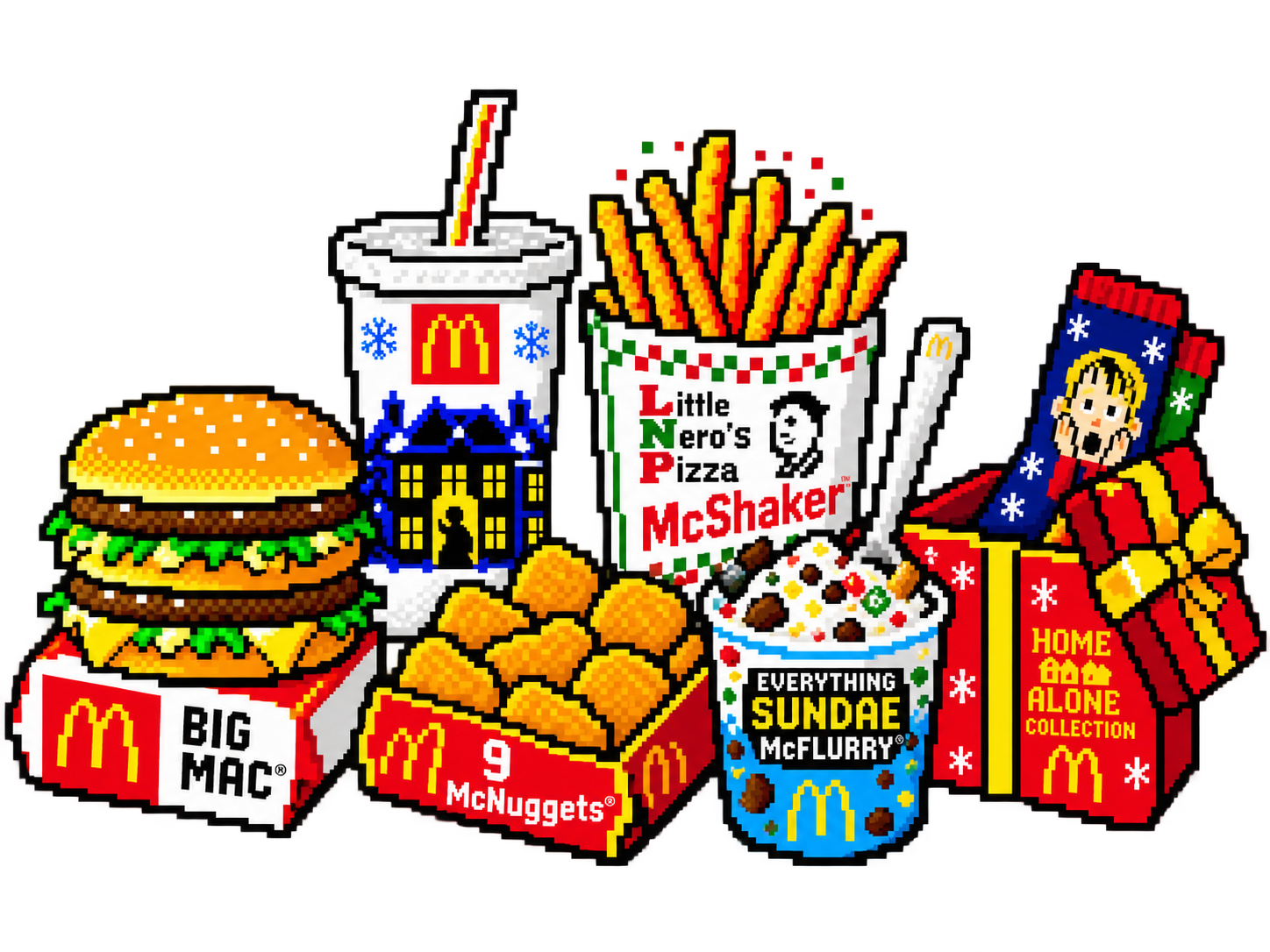Teletext stilinde Big Mac, 9'lu McNuggets, Little Nero's Pizza McShaker patates, McFlurry, içecek ve sürpriz kutu görselleri